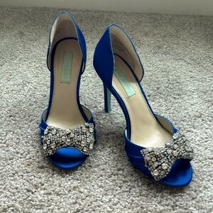Betsey Johnson Rhinestone Bow Peep-toe Satin D’Orsay Pumps
